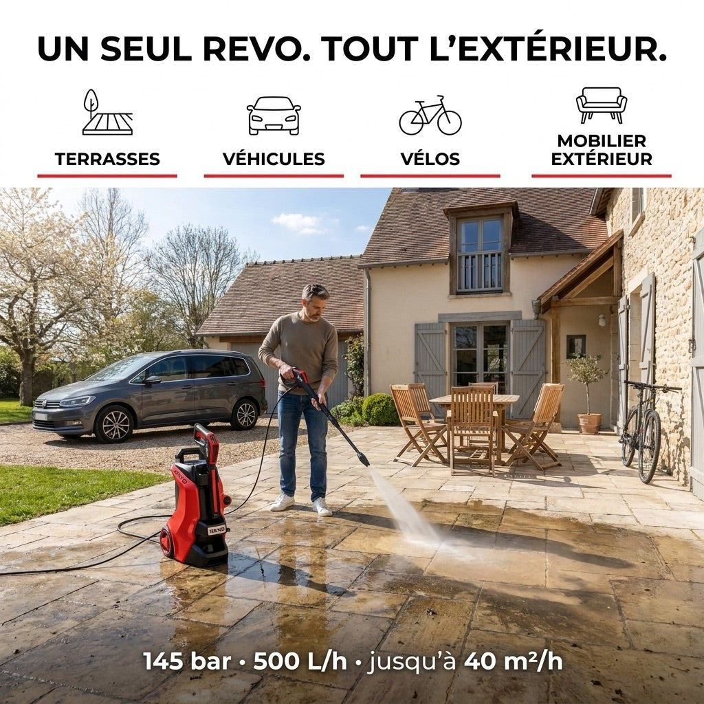 Nettoyeur Haute Pression REVO Vortex 145 – 145 bars – 500 L/h – 40 m²/h – Tuyau 10 m et Contrôle de Pression