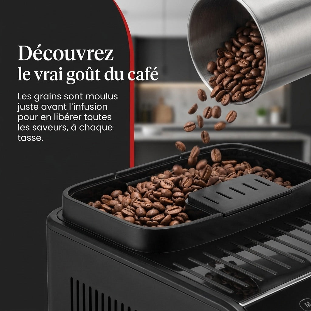 REVO Barista Grain Coffee Machine – 1450W Automatic Espresso Machine – 5 Drinks – Integrated Grinder – Steam Nozzle – 1.8L