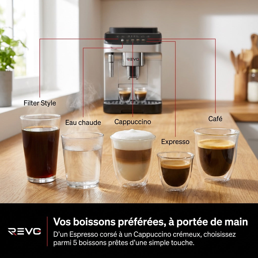 REVO Barista Grain Coffee Machine – 1450W Automatic Espresso Machine – 5 Drinks – Integrated Grinder – Steam Nozzle – 1.8L