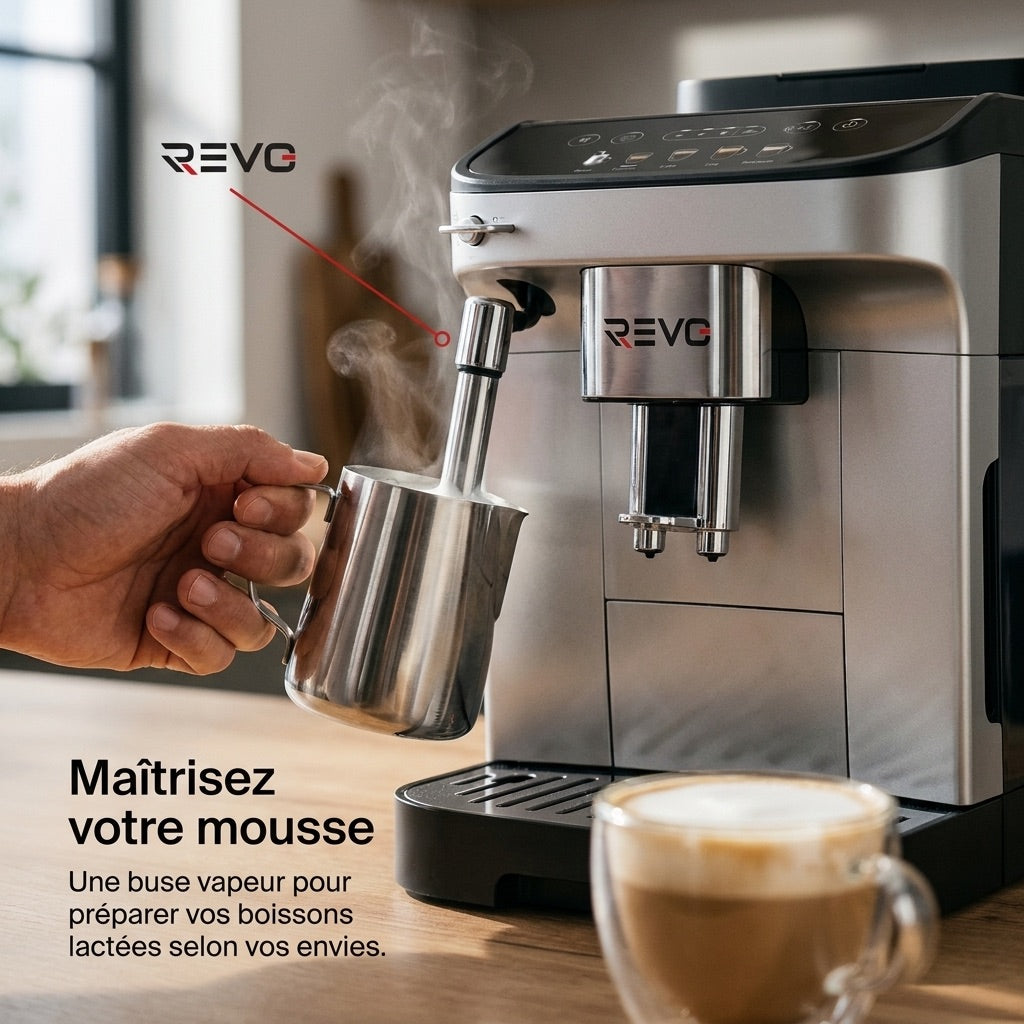 REVO Barista Grain Coffee Machine – 1450W Automatic Espresso Machine – 5 Drinks – Integrated Grinder – Steam Nozzle – 1.8L