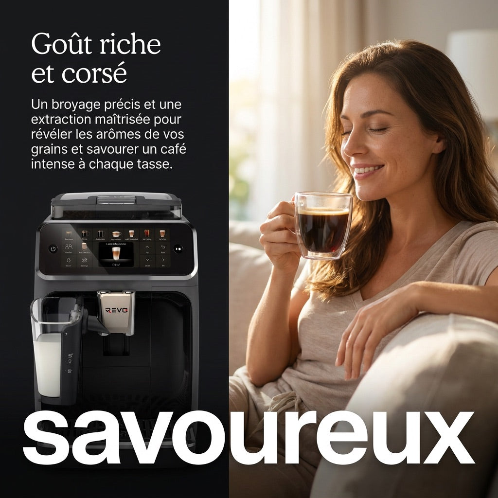 REVO Prestigio Bean-to-Cup Coffee Machine – Automatic Grinder Espresso 1500W – 20 Hot & Iced Beverages – Milk Carafe – 4 Profiles – 1.8L