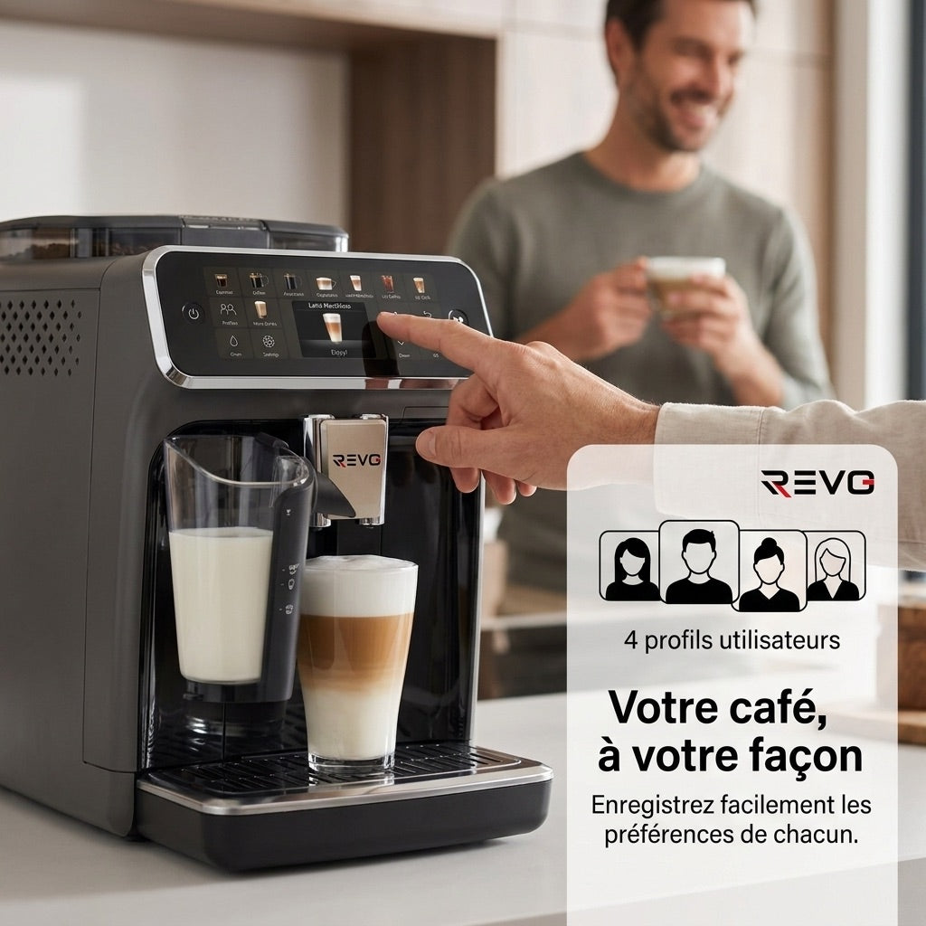REVO Prestigio Bean-to-Cup Coffee Machine – Automatic Grinder Espresso 1500W – 20 Hot & Iced Beverages – Milk Carafe – 4 Profiles – 1.8L