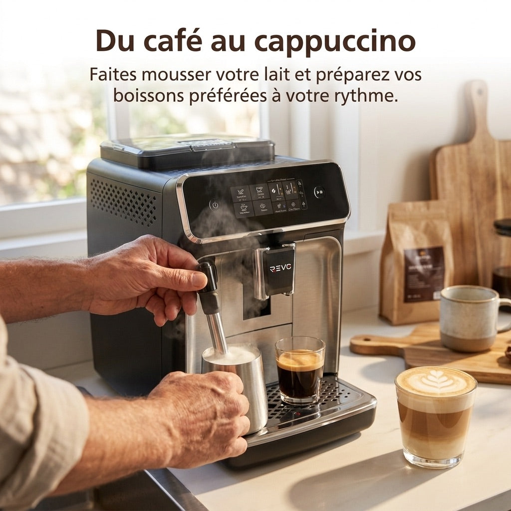 REVO Crema Bean-to-Cup Coffee Machine – Automatic Espresso Grinder 1500 W – 2 Coffees – Touch Screen – Milk Frother – 1.8 L