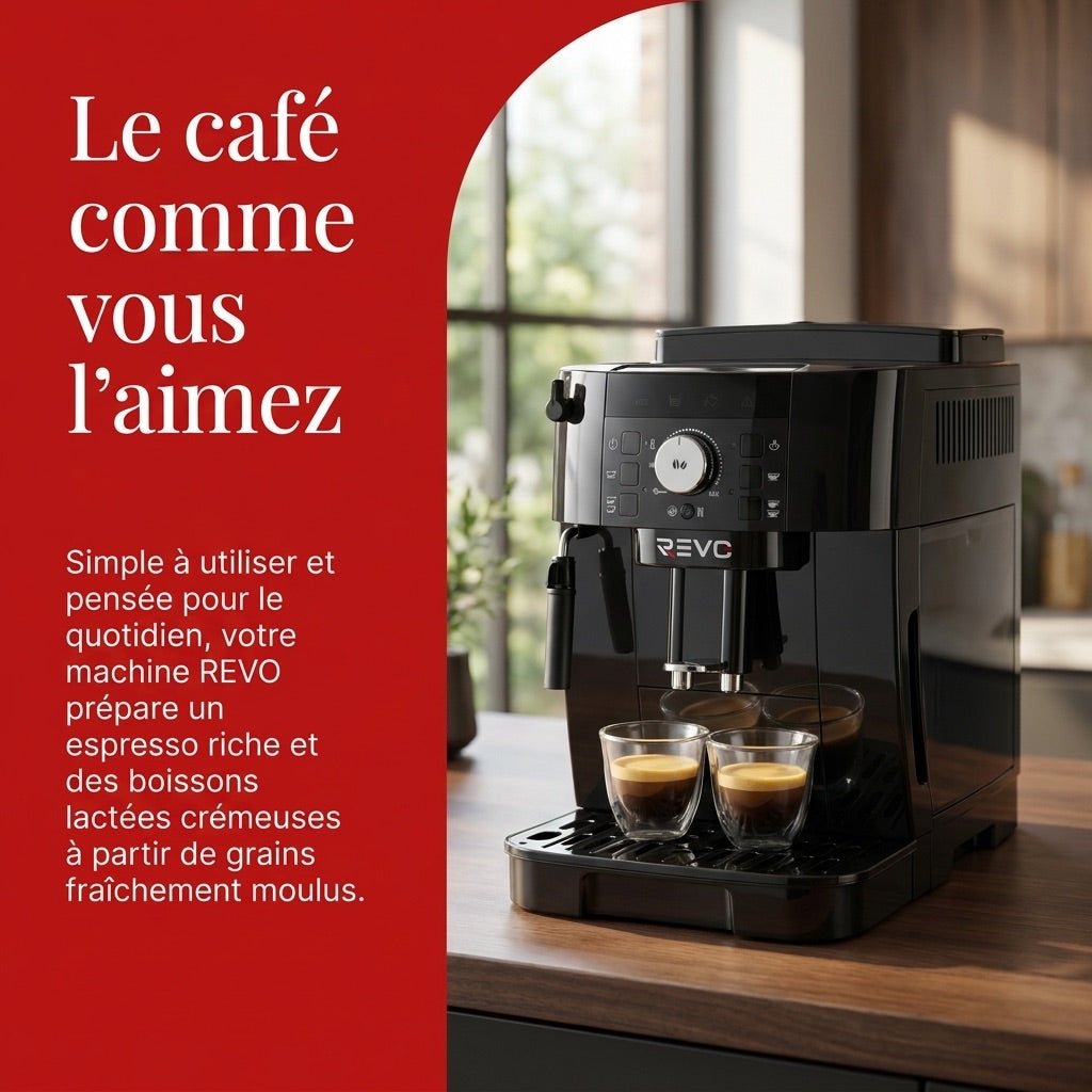 REVO Essenza Bean-to-Cup Coffee Machine – Automatic Espresso Grinder 1450W – 2 Coffees – Steam Nozzle – 13-Setting Grinder