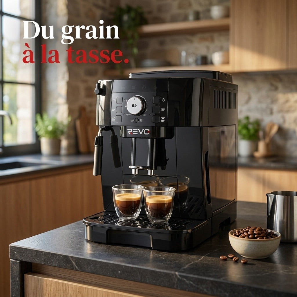 REVO Essenza Bean-to-Cup Coffee Machine – Automatic Espresso Grinder 1450W – 2 Coffees – Steam Nozzle – 13-Setting Grinder