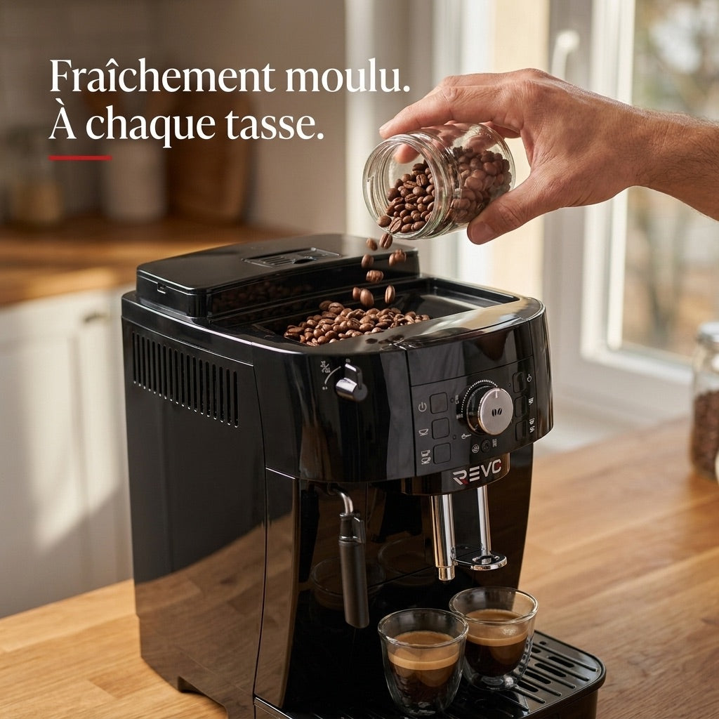 REVO Essenza Bean-to-Cup Coffee Machine – Automatic Espresso Grinder 1450W – 2 Coffees – Steam Nozzle – 13-Setting Grinder
