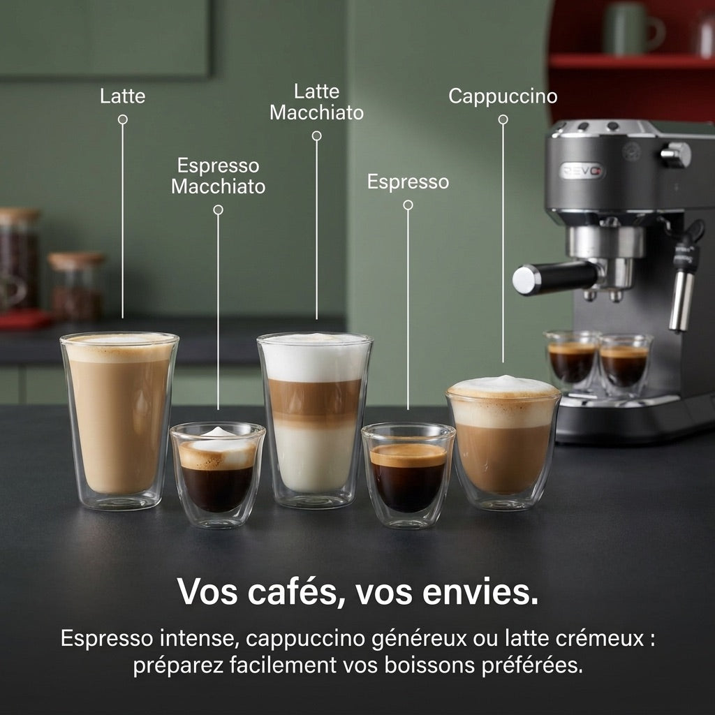 REVO Velora Espresso Machine - 15 Bar - 1350 W - Steam Nozzle - Ground Coffee & ESE Pods - 1 L Tank