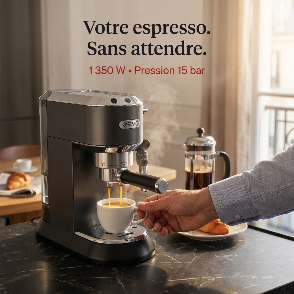 REVO Velora Espresso Machine - 15 Bar - 1350 W - Steam Nozzle - Ground Coffee & ESE Pods - 1 L Tank