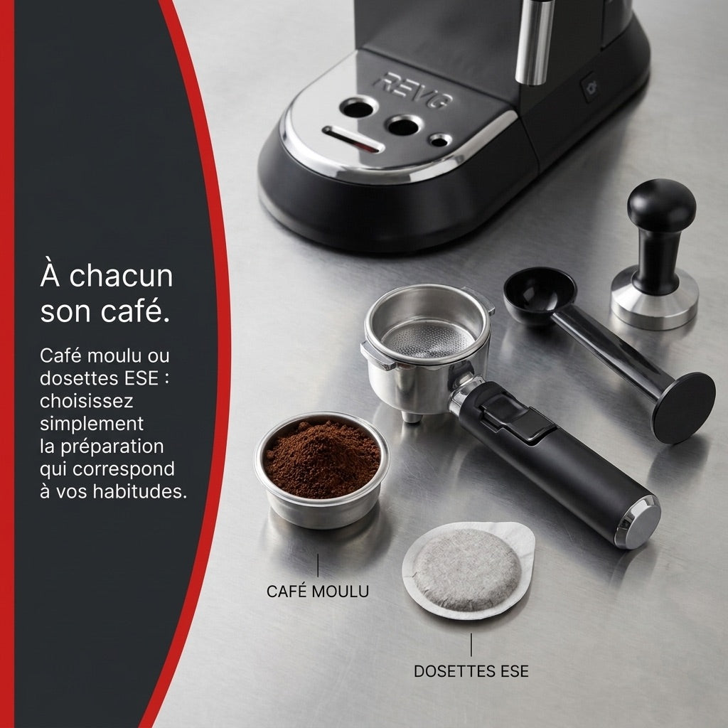 REVO Velora Espresso Machine - 15 Bar - 1350 W - Steam Nozzle - Ground Coffee & ESE Pods - 1 L Tank