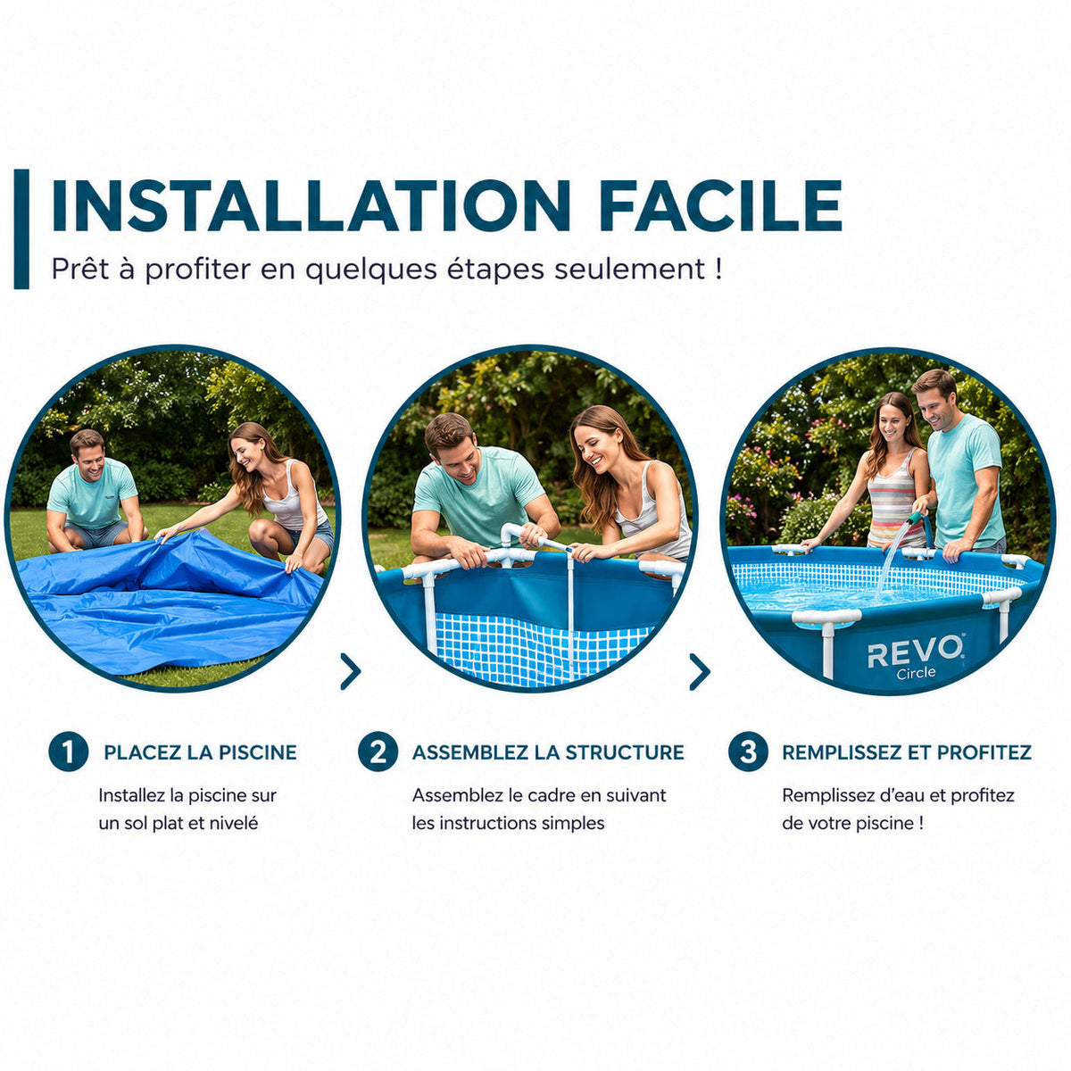 Piscine hors-sol ronde REVO Aqua Circle – Ø 366 × 76 cm – 6 503 L – Liner renforcé 3 couches