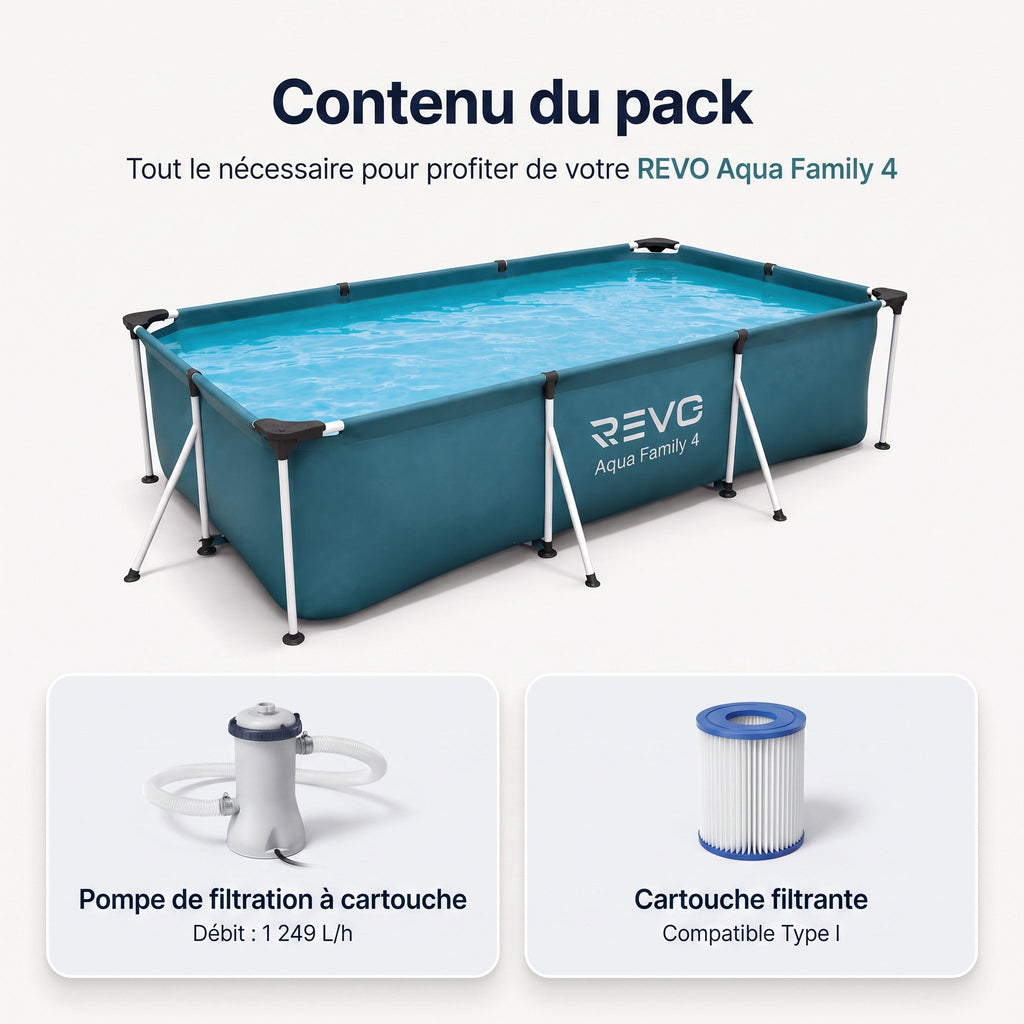 Piscine hors-sol rectangulaire REVO Aqua Family 4 – 400 × 211 × 81 cm – 5 700 L – Filtration à cartouche