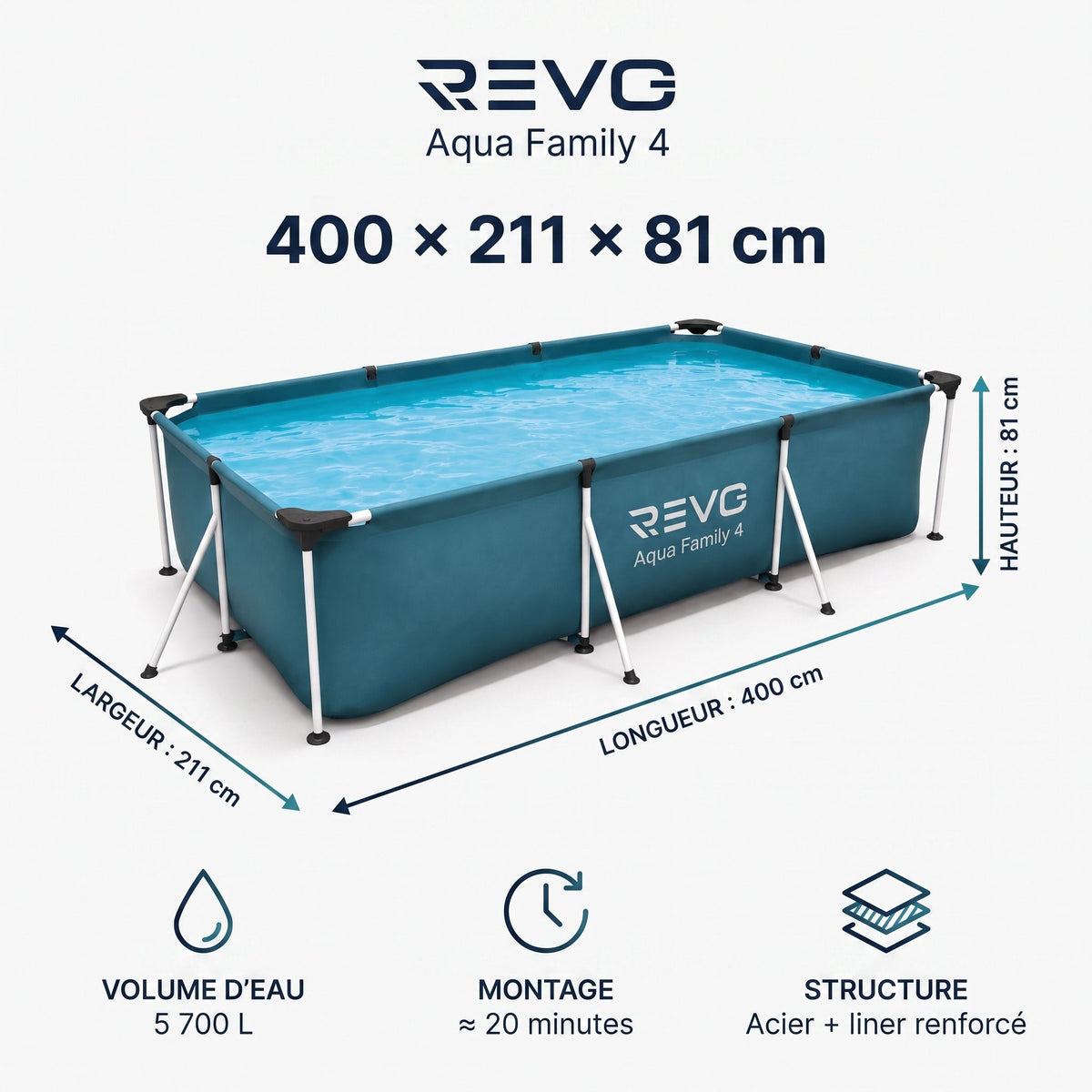 Piscine hors-sol rectangulaire REVO Aqua Family 4 – 400 × 211 × 81 cm – 5 700 L – Filtration à cartouche