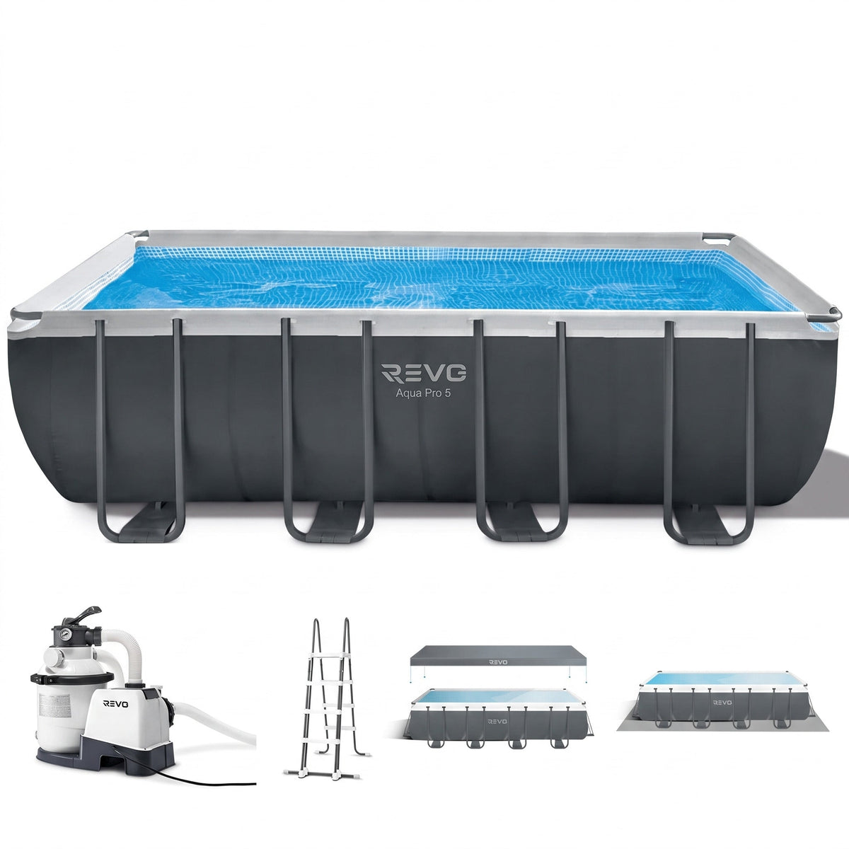 Piscine hors-sol rectangulaire REVO Aqua Pro 5 – 549 × 274 × 132 cm – 17 203 L – Filtre à sable – Échelle et bâche incluses