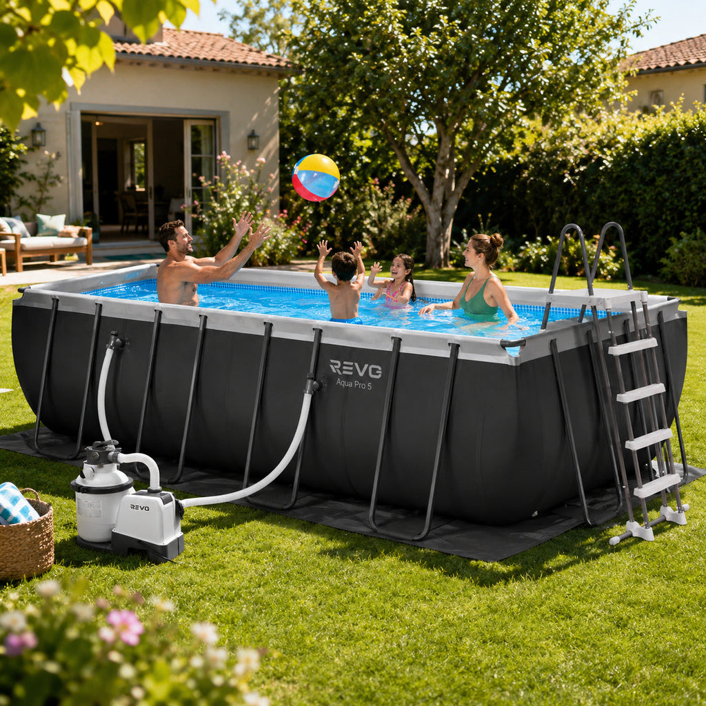 Piscine hors-sol rectangulaire REVO Aqua Pro 5 – 549 × 274 × 132 cm – 17 203 L – Filtre à sable – Échelle et bâche incluses