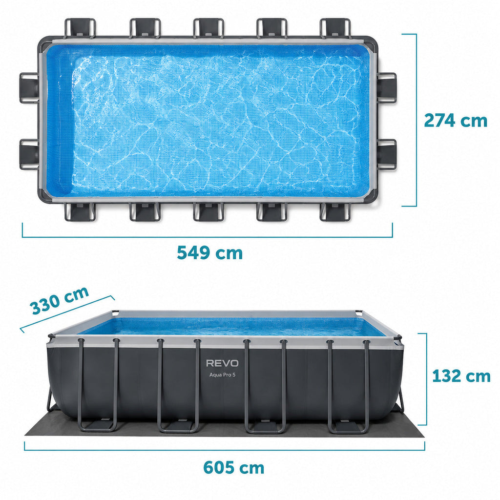 Piscine hors-sol rectangulaire REVO Aqua Pro 5 – 549 × 274 × 132 cm – 17 203 L – Filtre à sable – Échelle et bâche incluses