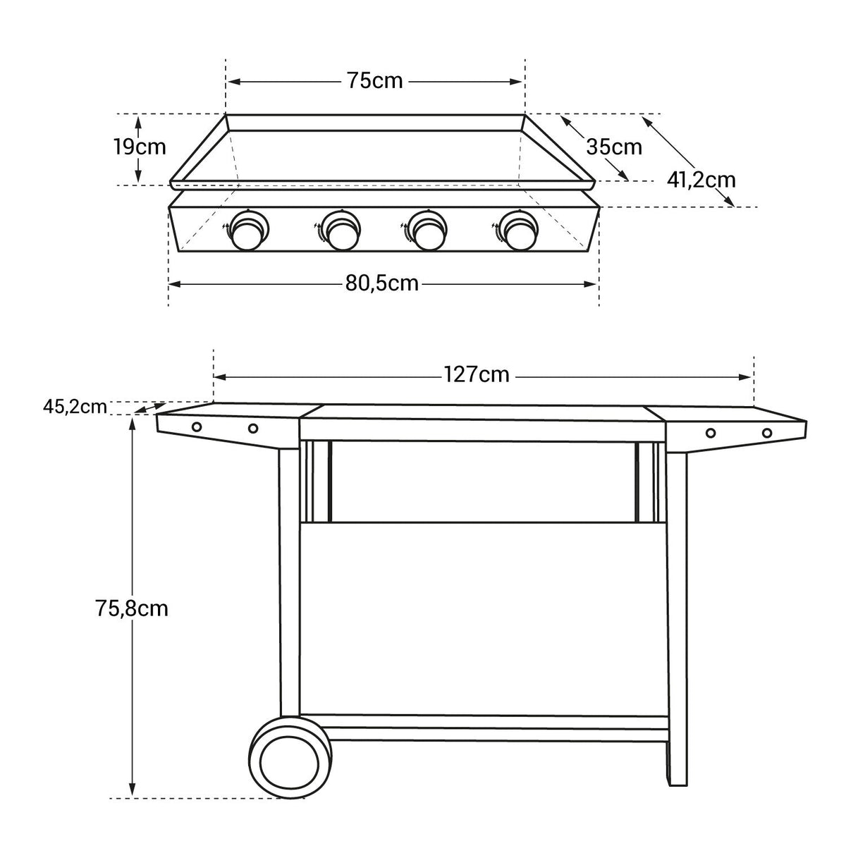 Gas griddle REVO Palma – 4 burners 8 kW with rolling cart – Enameled steel plate
